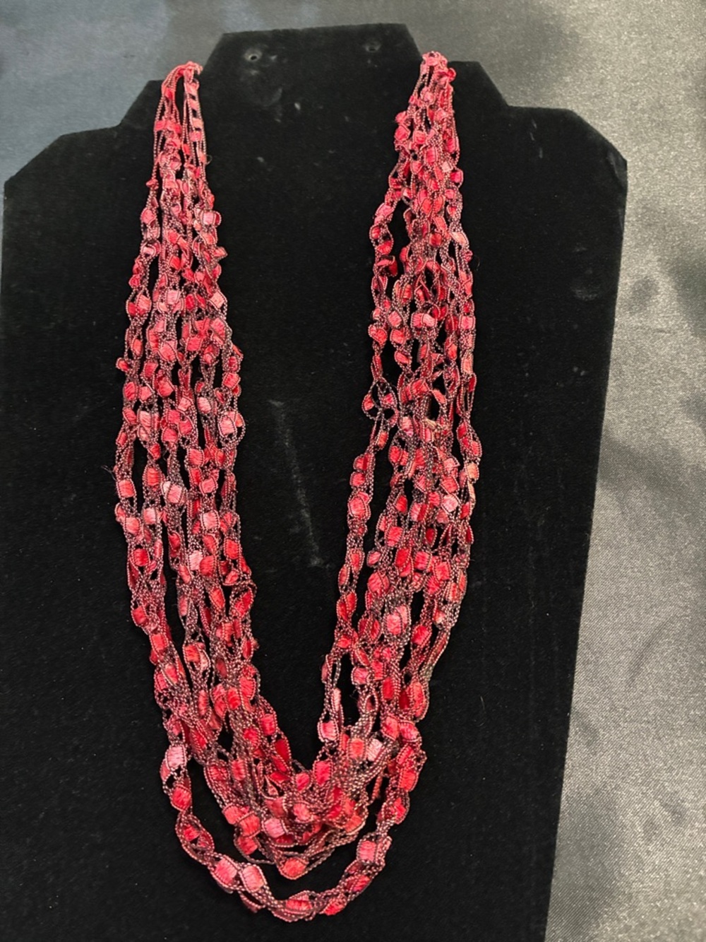 Red Adjustable crochet trellis or ladder ribbon yarn necklace, lightweight.